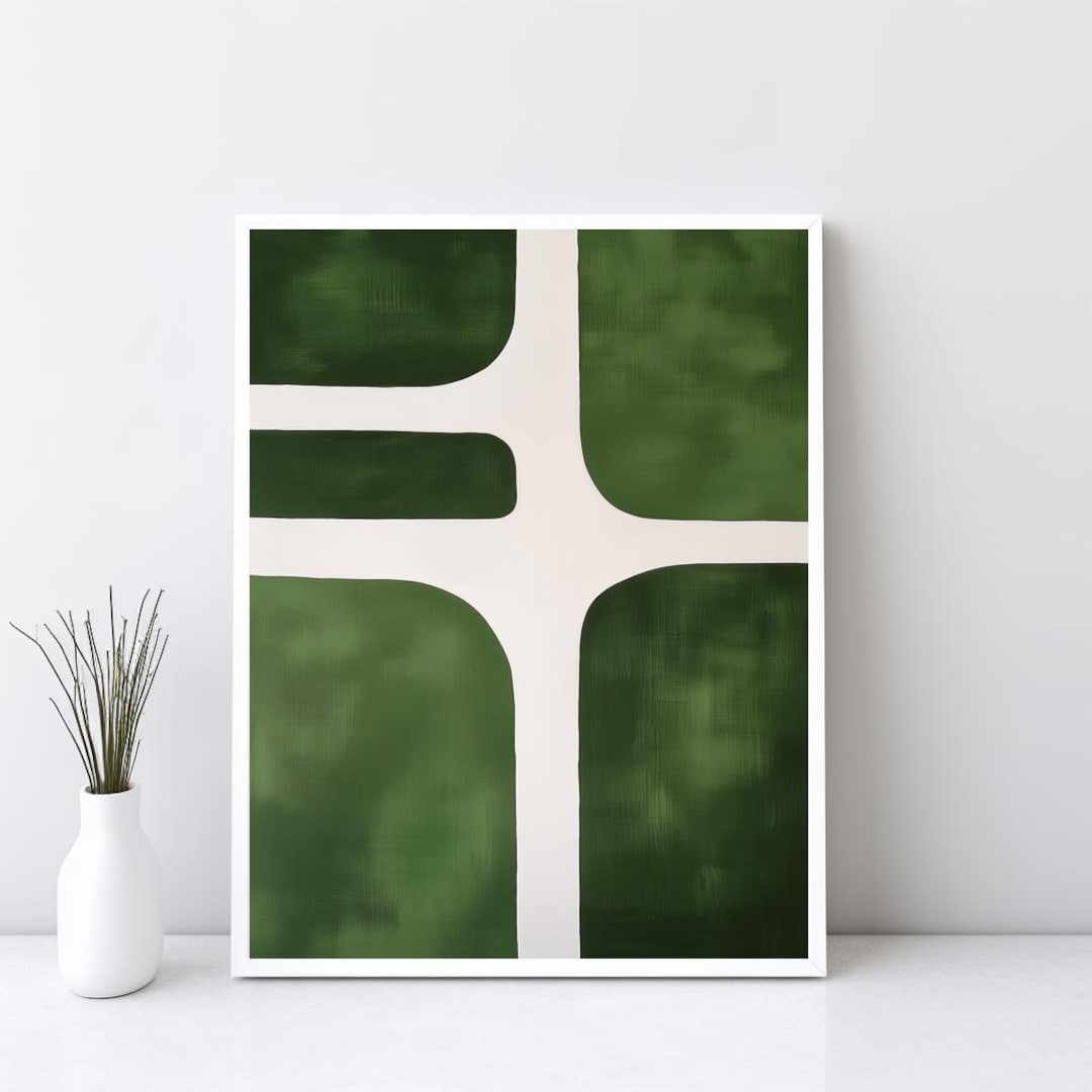 Green Modern Minimalist Printable Art, Abstract Beige Mid Century