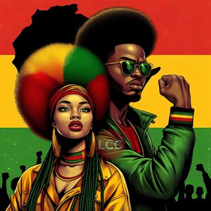 May include: A digital illustration of two people with afro hairstyles. The woman is wearing a yellow shirt with green and red accents. The man is wearing a green jacket with a red and yellow armband. The background is a red, yellow, and green flag.