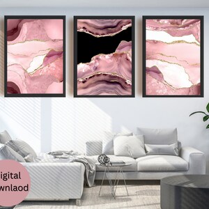 Pink Blush Wall Art, Blush Wall Art Large, Marble Black and Pink Art, Pink and Gold Modern Abstract Decor, Bedroom Set of 3 Prints, 24x36