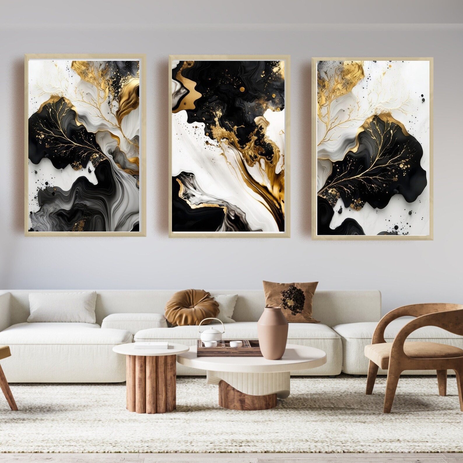 Black White and Gold Wall Art, Marble Wall Art, Black Grey and Gold Set