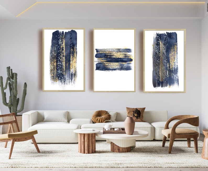 Navy Blue Gold Wall Art, Abstract Wall Art, Brush Stroke Printable, Set