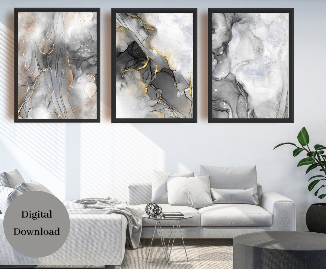 Black White and Gold Wall Art, Marble Wall Art, Black Grey and Gold Decor, Set of 3 Prints