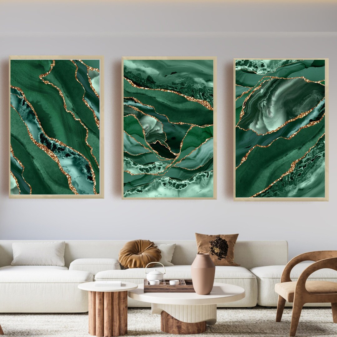 Emerald and Gold Wall Art, Emerald Green Print, Set of 3 Prints, Dark