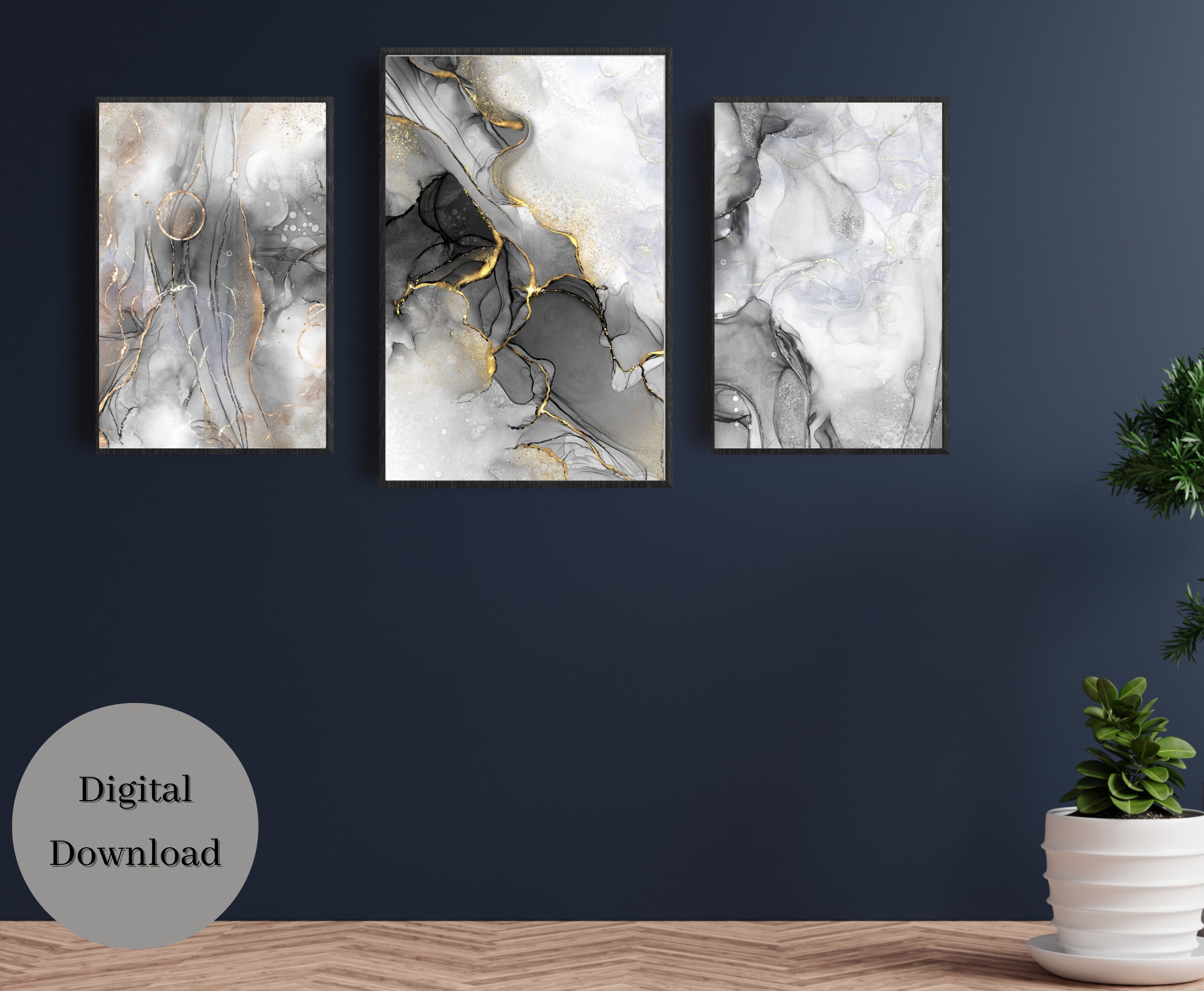 Black White and Gold Wall Art, Marble Wall Art, Black Grey and Gold ...