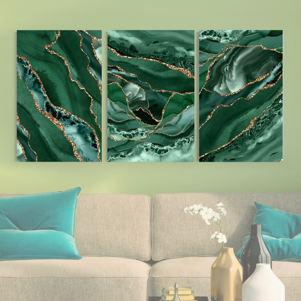 Emerald and Gold Wall Art, Emerald Green Print, Set of 3 Prints, Dark