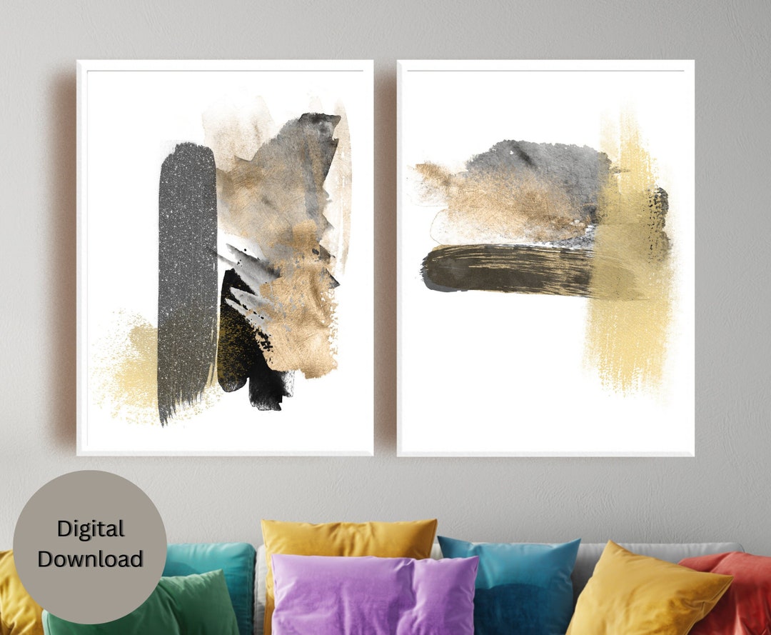 Black and Gold Abstract Wall Art, Set of 2 Prints, Blue and Gold Wall Decor, Gallery Wall Set