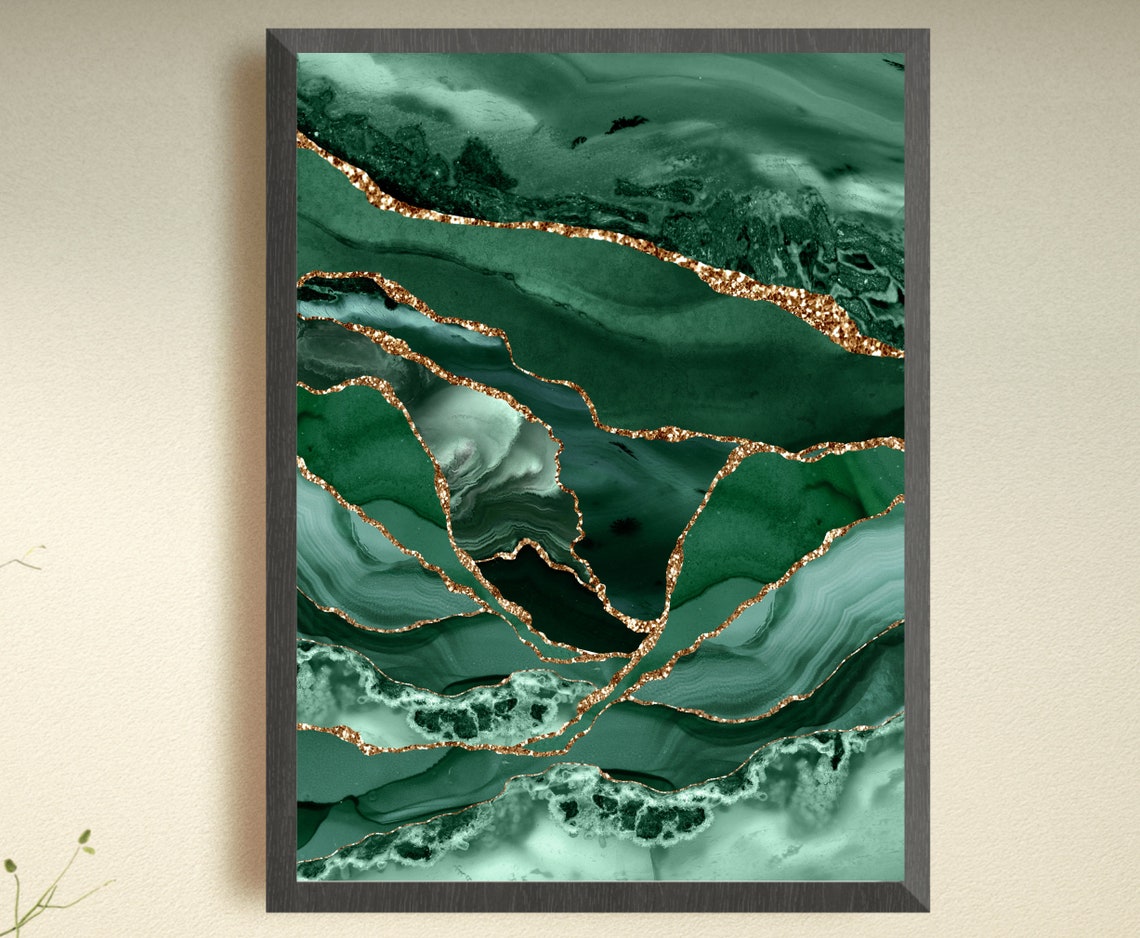 Emerald and Gold Wall Art, Emerald Green Print, Set of 3 Prints, Dark