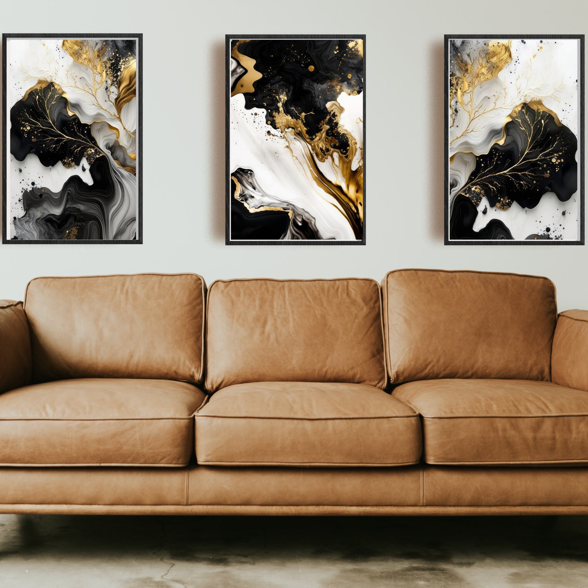 Black White and Gold Wall Art, Marble Wall Art, Black Grey and Gold Set