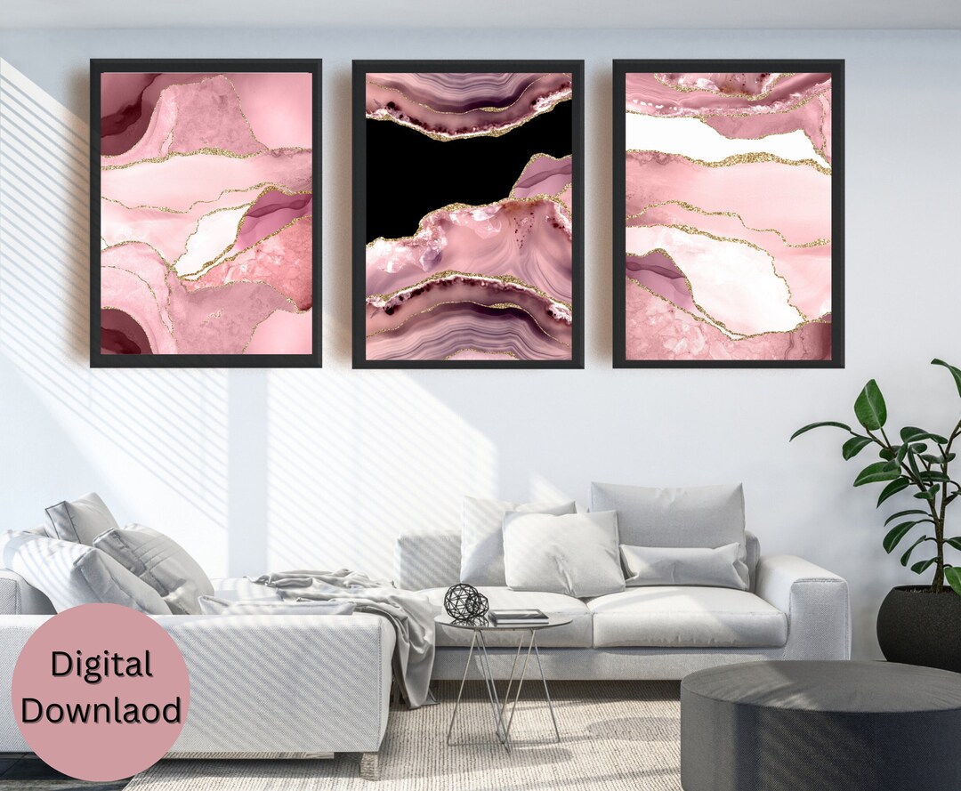 Pink Blush Wall Art, Blush Wall Art Large, Marble Black and Pink Art