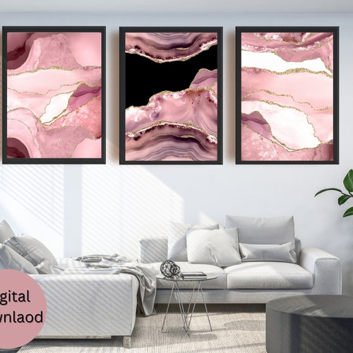 Pink Wall Art Prints Set of 3 Abstract Pink Gold Wall Art Etsy