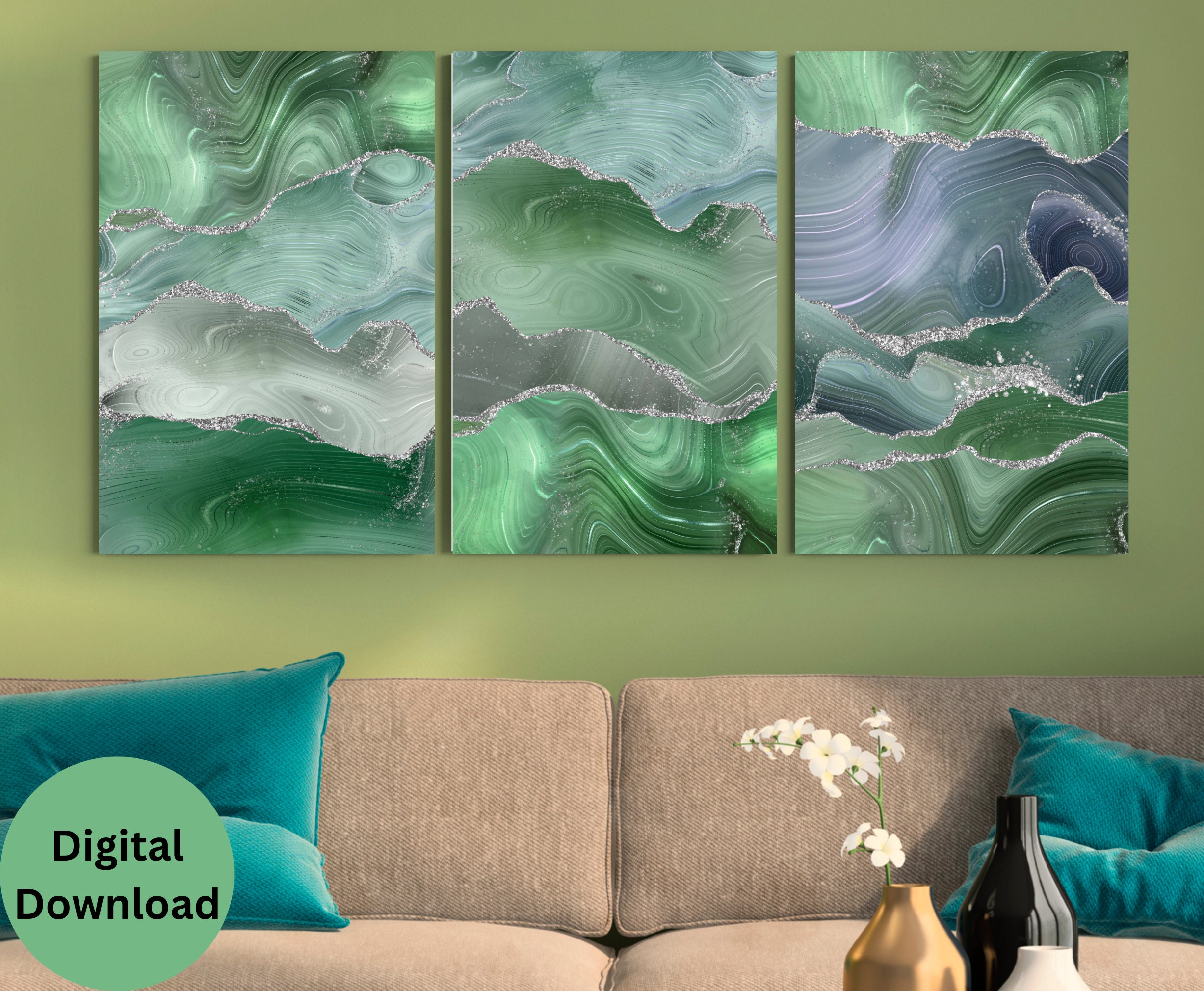 Sage Green Wall Art Prints, Sage Green and Blue Wall Art, Set of 3