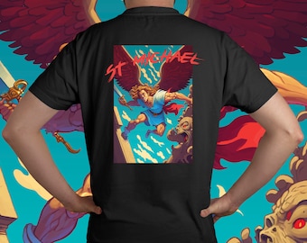 May include: Black t-shirt featuring a graphic print of a winged warrior holding a sword and the text "ST MICHAEL" in red.
