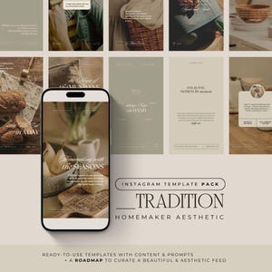 Puede incluir: Un paquete de plantillas de Instagram llamado "Tradition" con una "Estética de ama de casa". La imagen presenta un teléfono inteligente que muestra una plantilla con peras y una taza. Otras plantillas incluyen superposiciones de texto e imágenes de estilo de vida.