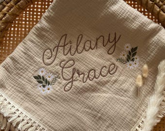 Personalized Embroidered Baby Swaddle Blanket: Organic Cotton Muslin, Boho Floral