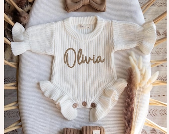 Personalized Baby Name Romper Knit Newborn Outfit With Ruffles Embroidered Baby Girl Take Home Outfit Custom Name Baby Shower Gift.