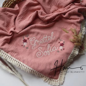 Personalized Embroidered Baby Muslin Swaddle Blanket with Name and Rose Floral Design, Organic Cotton baby swaddle, Custom Boho Baby Gift