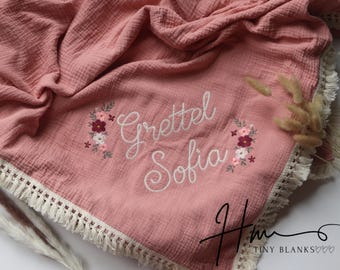 Personalized Embroidered Baby Swaddle Blanket: Organic Cotton Muslin, Rose Floral Design