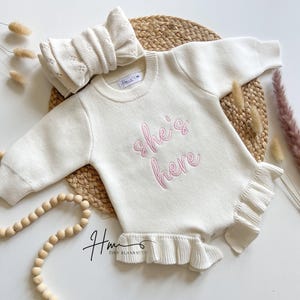 She’s here embroidered Romper, knit ribbed ruffle romper custom, gender reveal announcement, it’s a girl