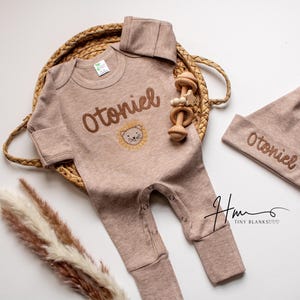 Personalized Baby Boy Outfit with Name, Newborn Romper with Footies, Neutral Embroidered Outfit with Hat, Custom Baby Boy Gift, Coming Home