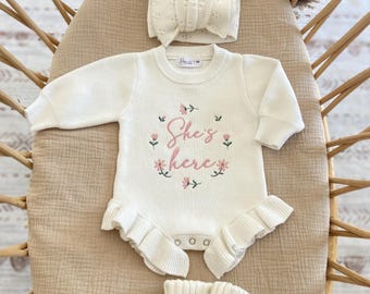 She is here Newborn Outfit,Baby girl Romper with Ruffles