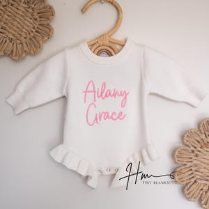 Personalized Baby Ruffle Romper, Newborn romper, Baby Announcement Bodysuit, Baby Coming Home Outfit.