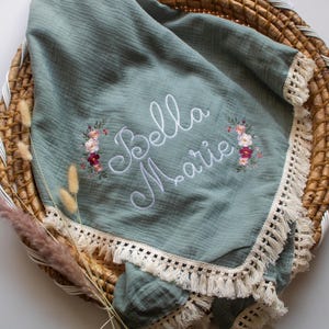 Personalized Embroidered Baby Muslin Swaddle Blanket with Name and Rose Floral Design, Organic Cotton baby swaddle, Custom Boho Baby Gift