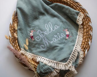 Personalized Embroidered Baby Swaddle Blanket: Organic Cotton Muslin, Rose Floral Design