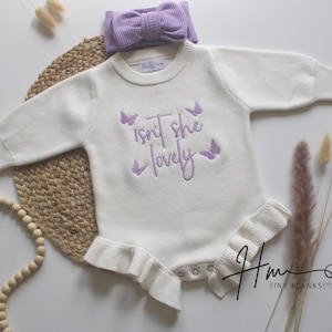 Newborn girl coming home outfit, isn’t she lovely baby romper embroidered bow knit ruffle announcement, it’s a girl gender reveal.