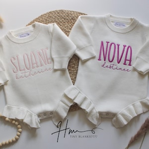 Personalized Baby Ruffle Romper, Newborn romper, Baby Announcement Bodysuit, Baby Coming Home Outfit.