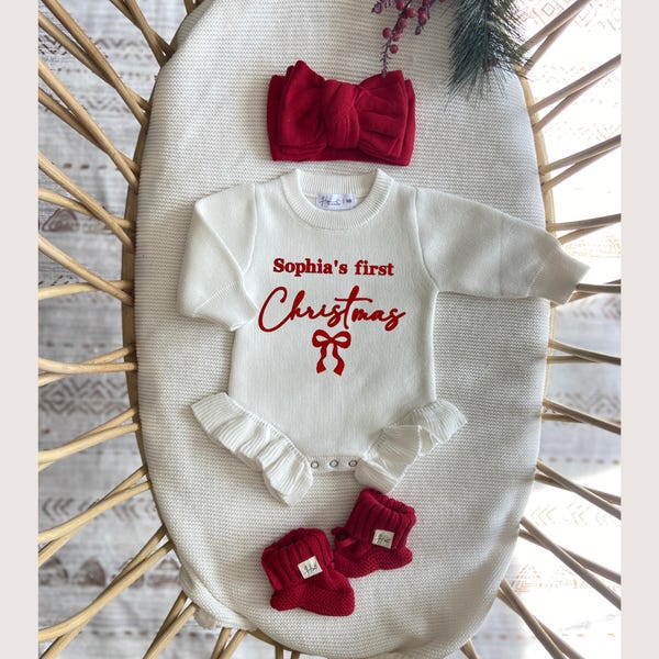 Embroidered First Christmas Knit Romper, Baby Girl Outfit