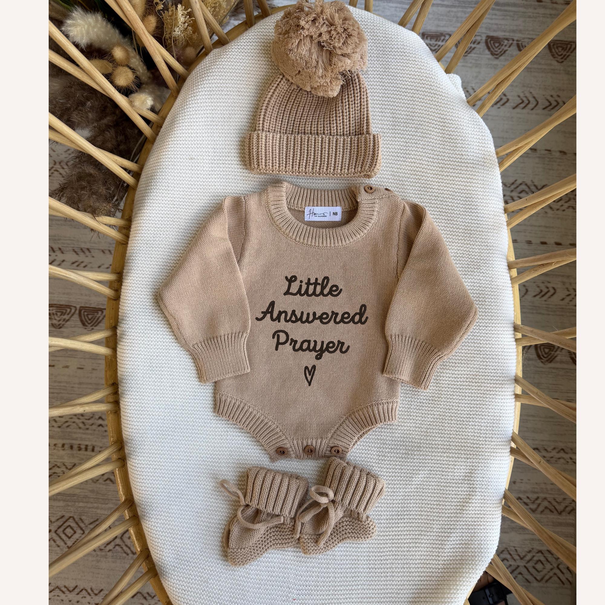 Embroidered Little Answered Prayer Knit Romper, Religious Baby Shower Gift, Pregnancy Announcement