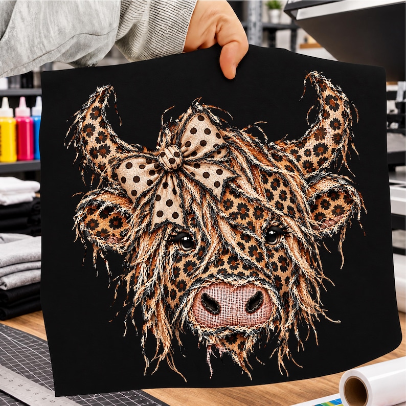 Leopard Highland Cow PNG, Patchwork Highland Cow Bow PNG, Country Girl ...
