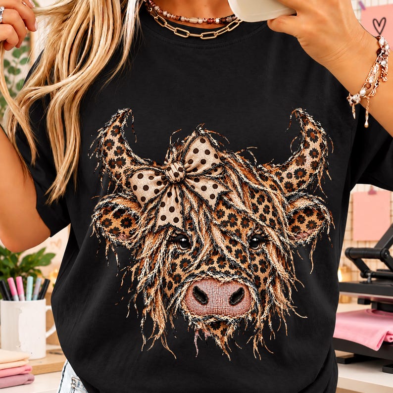Leopard Highland Cow PNG, Patchwork Highland Cow Bow PNG, Country Girl ...