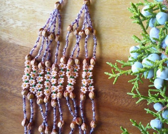Navajo Handmade strung Juniper berry seeds and Czech glass seeds earrings. (Passion)