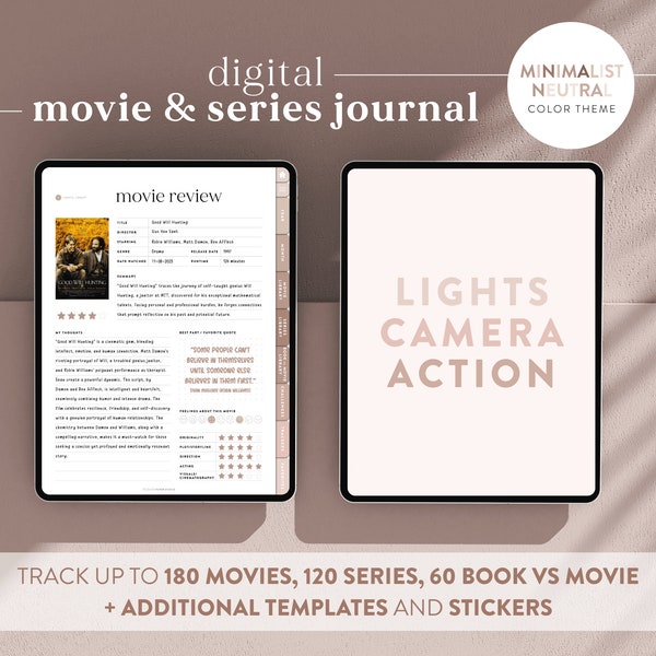 Digital Movies and Series journal in Minimalist Neutral colors - Movie tracker - Movie log - TV Show tracker - Goodnotes Movie planner