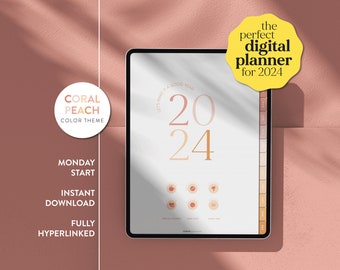 2024 Coral Peach Digital Planner - Goodnotes and Notability Compatible - Monday Start - Vertical - Portrait - Stickers