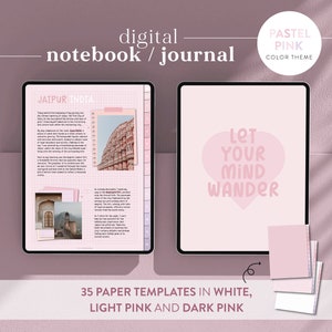 Pink Digital Notebook/Journal with 35 paper styles & 3 paper color options - Hyperlinked PDF for Goodnotes/Notability - Includes stickers