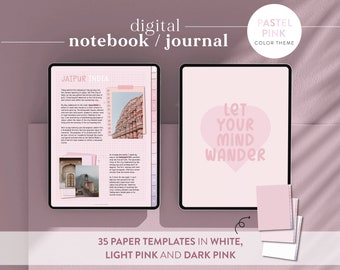 Pink Digital Notebook/Journal with 35 paper styles & 3 paper color options - Hyperlinked PDF for Goodnotes/Notability - Includes stickers