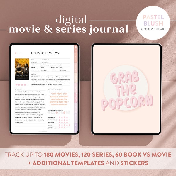 Digital Movies and Series journal in Blush Pastel colors - Movie tracker - Movie log - TV Show tracker - Goodnotes Movie planner