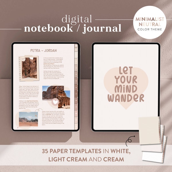 Neutral Digital Notebook/Journal - 35 paper styles & 3 paper color options - Hyperlinked PDF for Goodnotes/Notability - Includes stickers