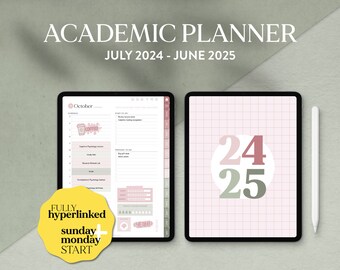 Digital Academic Planner for iPad and Tablet, Student & Teacher planner, Monday or Sunday Start, Green pink planner, Goodnotes compatible