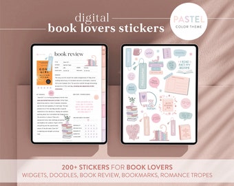 Cute Pastel Digital Reading Stickers for Book Lovers - Soft, Bookish Planner Stickers with Reading widgets, bookmarks, doodles & more