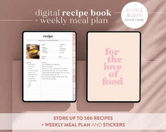 Blush Pastel Digital Recipe Book with Weekly Meal Planner - Recipe journal Goodnotes - Recipe tracker - Weekly meal tracker