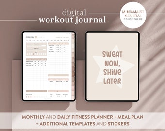 Digital Fitness Planner & Tracker in neutral beige, Meal Planning, Progress Tracking, PDF, Goodnotes/Notability Compatible, Workout journal