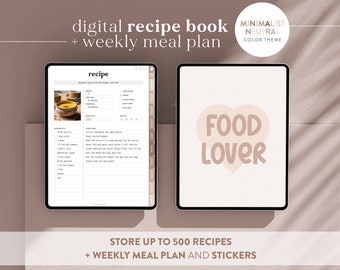 Minimalist Neutral Digital Recipe Book and Meal Planner - Weekly Meal planner - Compatible with Goodnotes, Notability and more