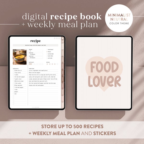 Digitales Rezeptbuch und Essensplaner – minimalistisch, neutral, Wochenplaner, kompatible Goodnotes, Notability – einfache Essenszubereitung und Organisation