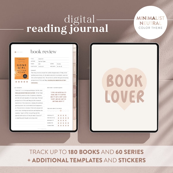 Diario de lectura digital y rastreador de libros en beige neutro - Diseño minimalista para Goodnotes/Notability - Planificador de lectura, diario de libros y registro