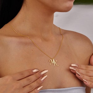 14K Gold Two Letter Necklace, Double Initial Jewelry, Personalized Letter Necklace, Custom Couple Jewelry, Handmade Necklace, Gift For Her