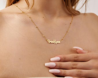 14K Gold Custom Name Necklace, Personalized Script Name Pendant, Dainty Gold Name Jewelry, Beaded Chain, Gift for Her