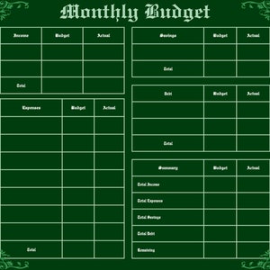 May include: A green printable monthly budget tracker with sections for income, expenses, savings, debt, and a summary. The tracker has columns for budget and actual amounts.